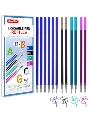 DealKits 12 Ricariche per Legami Penne Cancellabili - 6 Blu, 2 Nero, 2 Viola, 2 Verde - Punta della penna 0,7 mm - Altezza 13 cm, Inchiostro termosensibile