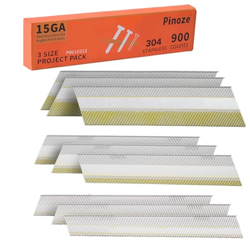 Image of PINOZE 15 Gauge DA Stainless Steel Angled Finish Nails, 34-Degree, 900-Pack (2-1 /2 inch, 2 inch, 1-1 /4 inch 300 Per Sizes), Assorted Size Project Pack, for Pneumatic, Electric Angled Finish Nailer Gun