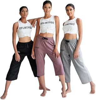 Fflirtygo Women's Cotton Plain Calf Length Capri | Nightwear Pajama | 3/4th Solid Pyjama Pant | Black Lavender and Grey Lo...