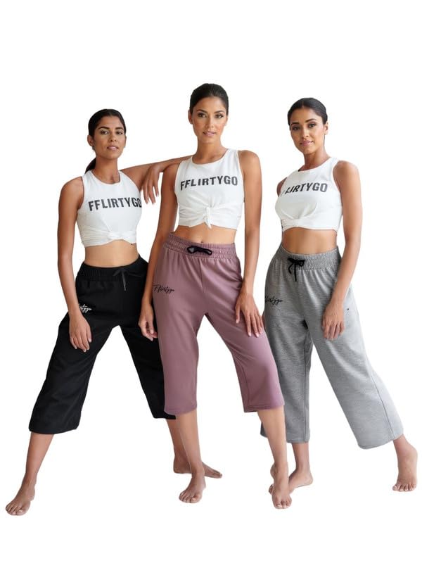 Fflirtygo Women's Cotton Plain Calf Length Capri | Nightwear Pajama | 3/4th Solid Pyjama Pant | Black Lavender and Grey Lo...