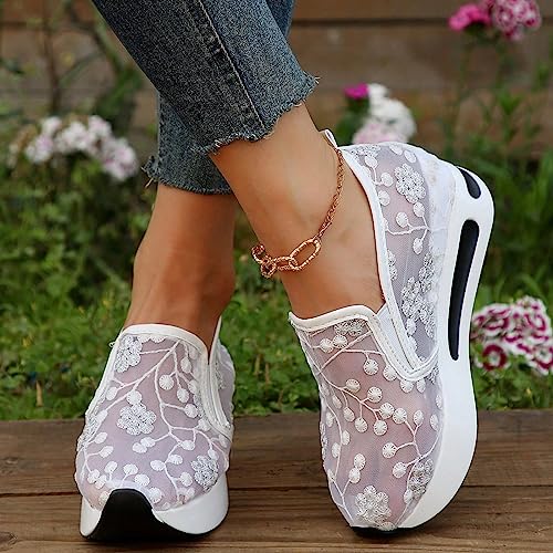 Womenyiaor Women's Fashion Sneakers Dressy Floral Embroidery Sheer Mesh Lace Sneakers Platform Wedge Sneakers for Women Slip on Walking Shoes Loafers Lace up Sneakers Casual Shoes2