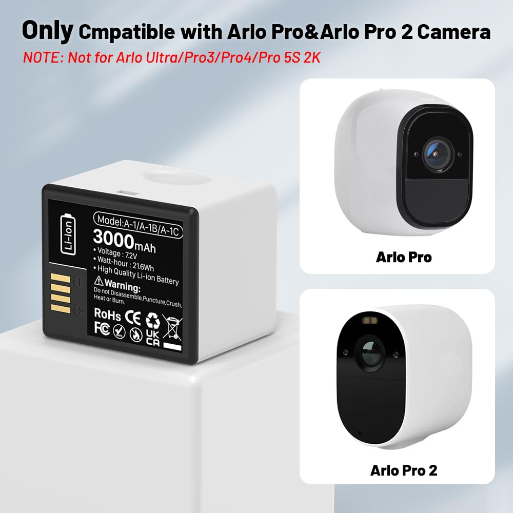 2 pezzi di ricambio da 3000 mAh e stazione di ricarica rapida PD, compatibile con Arlo Pro, Pro 2 accessori per fotocamera [7,2 V, 21,6 Wh]