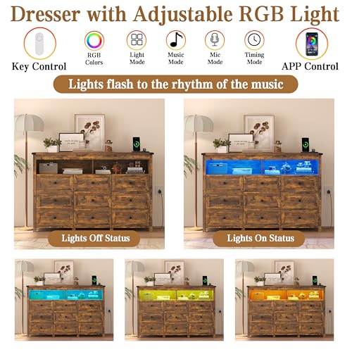 Image of Wodeer 9 Drawer Dresser for Bedroom with LED Lights, Charging Station, Wood Chest of Drawers with Metal Handles, Modern TV Stand & Storage Organizer for Living Room, Hallway, Brown