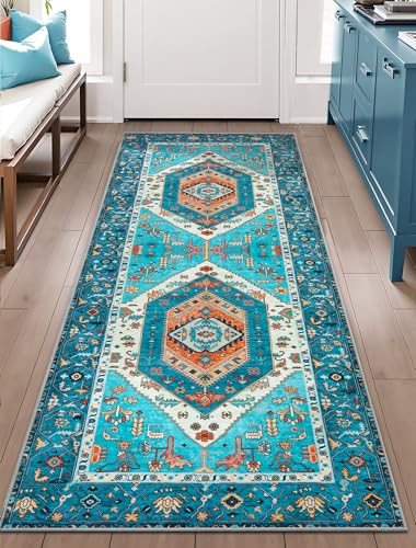 SERISSA Boho Washable Runner Rug, 2x5 Rug Runner Non-Slip Vintage Blue Hallway Kitchen Runner Rug Ultra Soft Print Distressed Tribal Floor Carpet Runner for Bedroom Bathroom Laundry Living Room