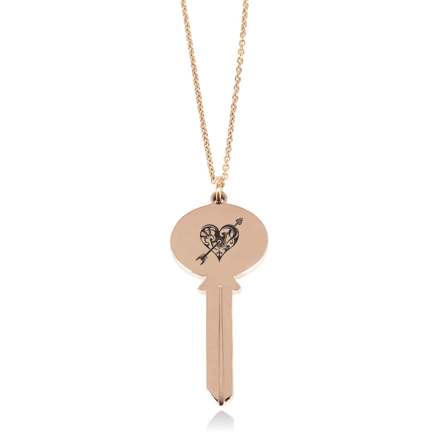Rose Gold Plated Stainless Steel Tribal Heart and Arrow Oval Head Key Charm Pendant Necklace