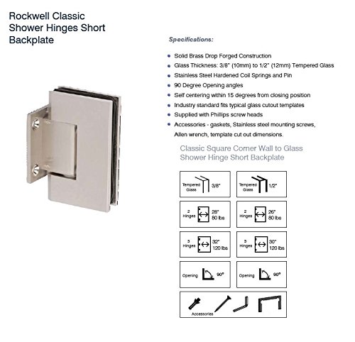 Rockwell Security Wall To Glass Shower Hinge Solid Brass Brushed Nickel Finish For Residential And Commercial Frameless Heavy Glass Shower Doors Fits 3/8 Inch To 1/2 Inch Thick Glass #TOP2