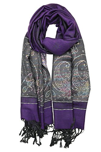 Achillea Women's Two Toned Paisley Lurex Jacquard Pashmina Shawl Wrap Scarf (Eggplant)