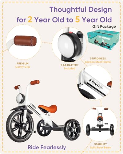 Image of KRIDDO Kids Tricycle, 12 Inch Puncture Free Wheel w Front Light, Adjustable Seat Height, Gift for 2-5 Year Olds, White
