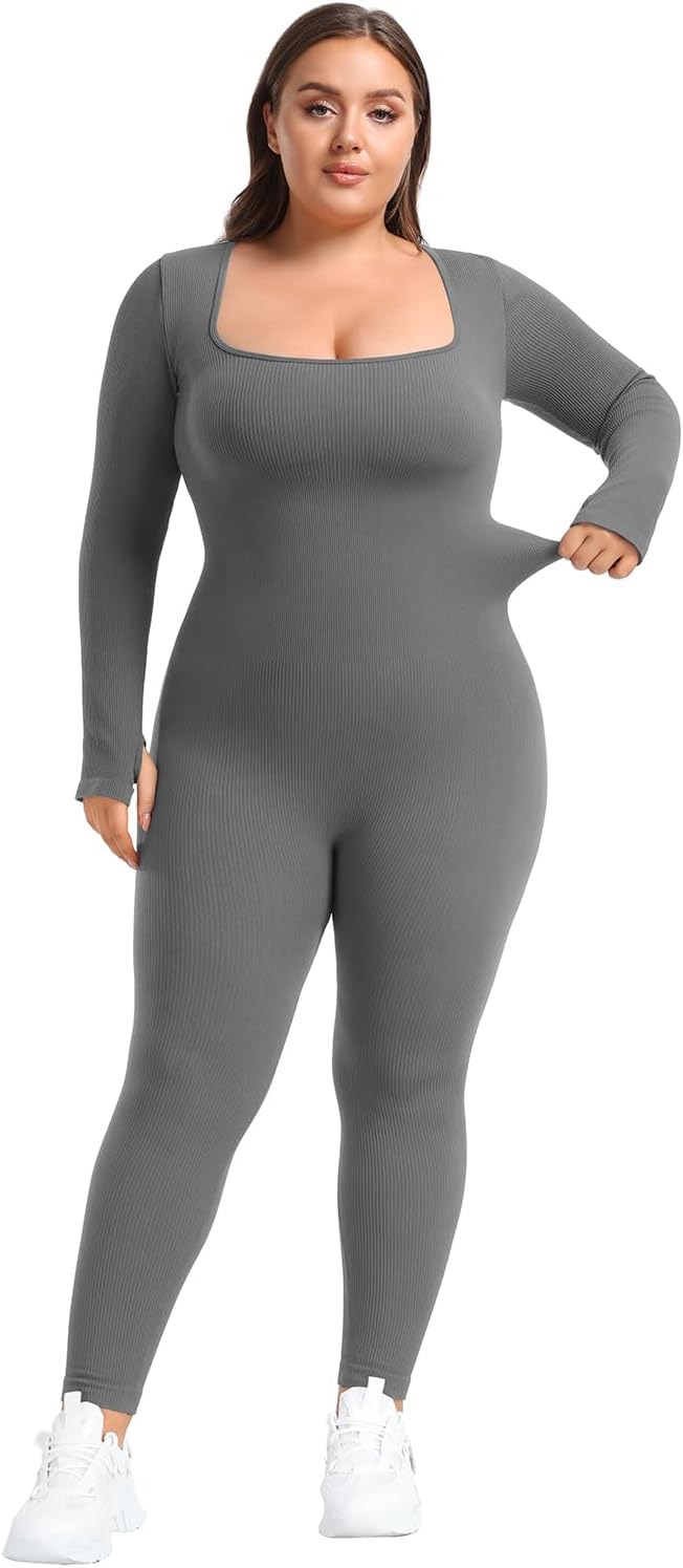BLEVONH Women's Yoga Jumpsuits Ribbed Workout Rompers Square Neck Long Sleeve Bodysuits Full Length Plus size - Image 6