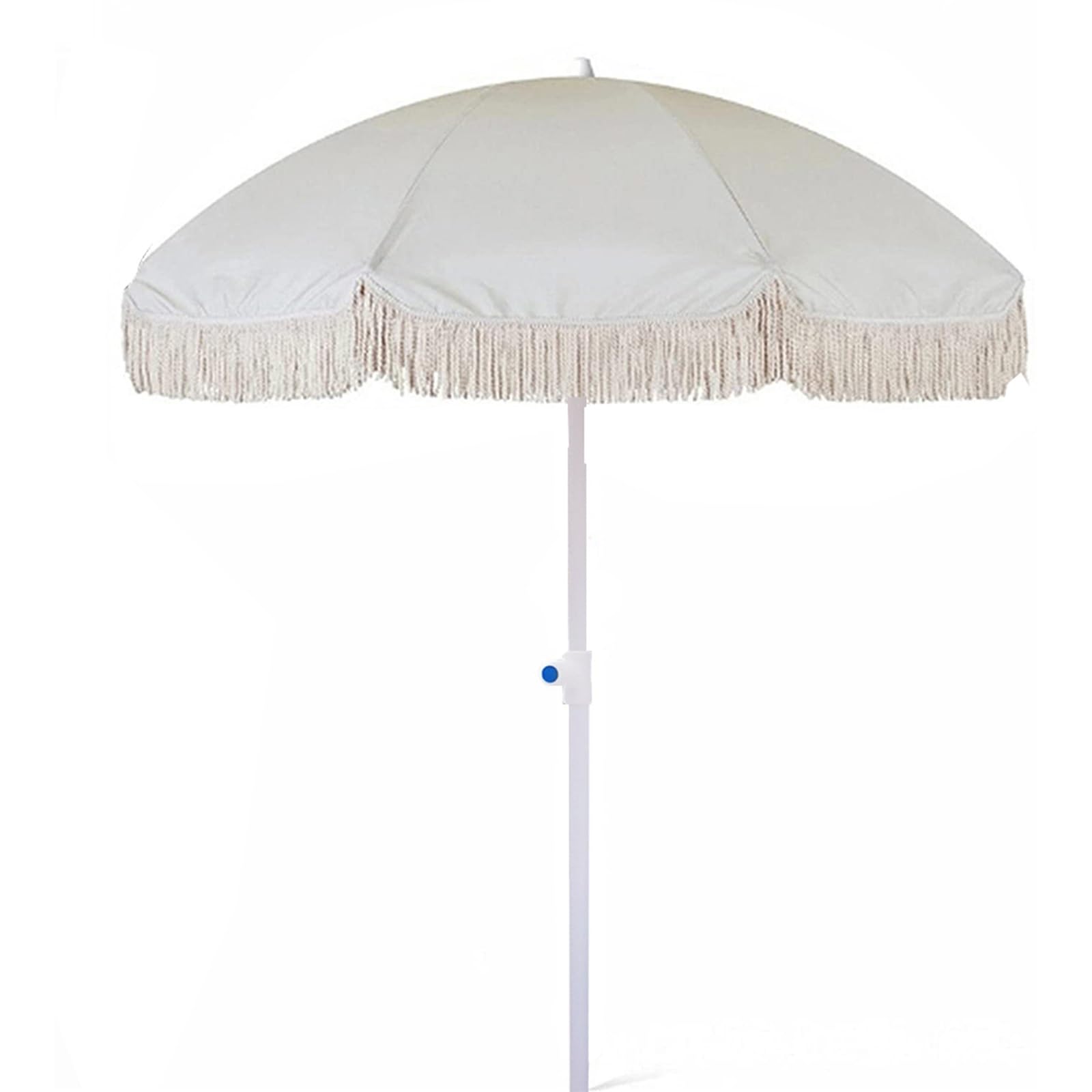 Strandschirm mit UV-Schutz, 200 cm, knöpfbar, Stahlstange, mit Quasten, Weiß