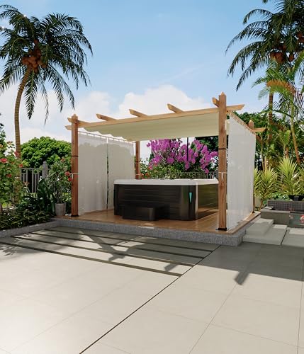 10 x 13 Ft Wood-Grain Aluminum Pergola Outdoor Pergola with Retractable Canopy Sun Shade Shelter for Garden, Patio, Backyard, Deck - Beige with Netting