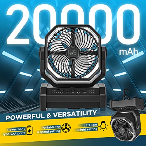 Crst 20000Mah Battery Operated Oscillating Fan With Remote, Led Light, Timer And Hook 4 Speed Rechargeable Personal Usb Camping Fan For Jobsite Tent Emergency #TOP1