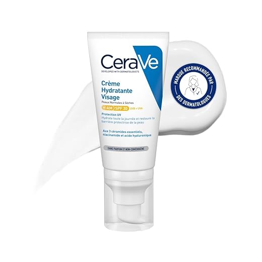 CeraVe - Crème Hydratante Visage SPF30 - Crème de Jour avec Protection UVB + UVA - Acide Hyaluronique, Céramide, Niacinamide, Vitamine E - Peau Normale à Sèche
