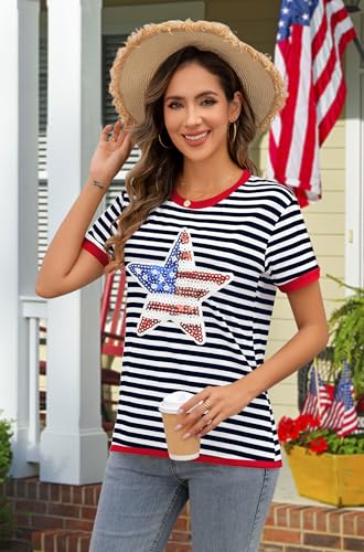 Image of Ithalt Women 4th of July Shirt Fourth of July Shirts USA Sequin Tshirt American Patriotic T-Shirt Stripes Tee Tops