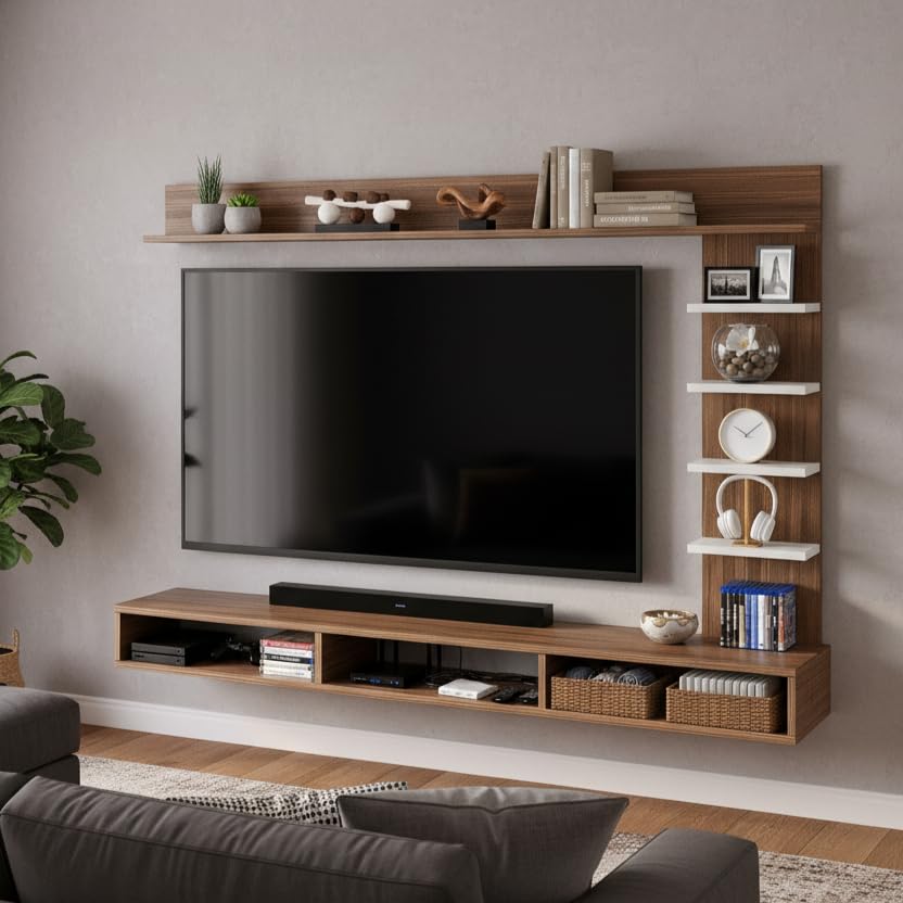 Image of FURNEASER Eplus Engineered Wood Wall Mount TV Unit /TV Stand /TV Cabinet /TV Entertainment Unit /Set Top Box Stand (Ideal for 50-55 Inch) (D.I.Y) (Exotic Teak & White)