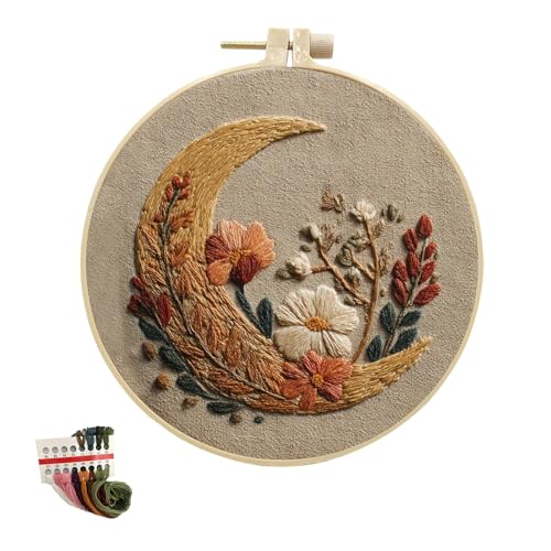 artcici Kits de bordado de tono cálido, patrones de flores de luna creciente para principiantes y adultos, kits de inicio de bordado de gama completa, suministros de costura de punto de cruz (dorado) artcici Kits de bordado de tono cálido, patrones de flores de luna creciente para principiantes y adultos, kits de inicio de bordado de gama completa, suministros de costura de punto de cruz (dorado)