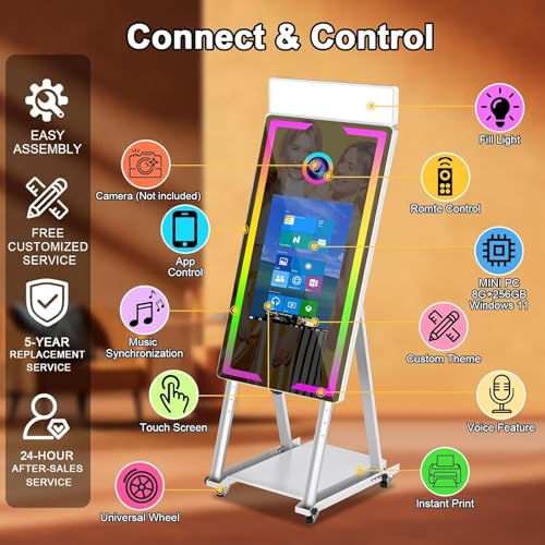 Image of Magic Mirror Photo Booth with Printer 45-22 inch Touch Screen DSLR Photo Booth with RGB Light Instant Printing and Sharing Professional PhotoBooth for Party (White-2)