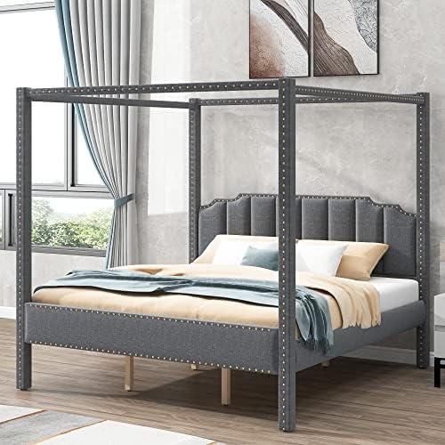King Size Upholstery Canopy Bed with Headboard, Solid Wood 4-Post Canopy Platform Bed Frame with Slat Support Legs for Kids Teens Adults, No Box Spring Needed (King, Gray)