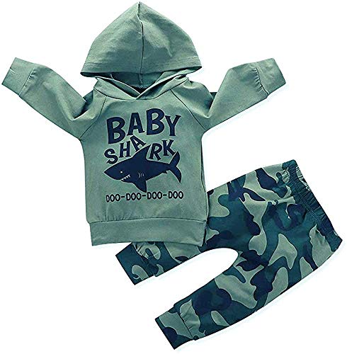 Newborn Baby Boys Clothes Outfits Summer Toddler Boys Cute Shark Hooded Shirt + Camouflage Pants Clothing Stuff Set(Green-A, 2-3T)