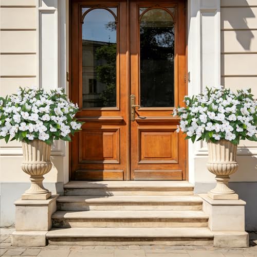 Image of Bassion 6 Bundles Artificial Flowers for Outdoors Fake Impatiens, White | UV resistant, silk flowers, no fade realistic faux plants, outside patio garden porch planters window box balcony home decor