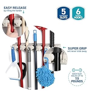 HOME IT Mop And Broom Holder - Garage Storage Systems with 5 Slots, 6 Hooks, 7.5lbs Capacity Per Slot - Garden Tool Organizer For 11 Tools - For Home, Kitchen, Closet, Laundry Room - Off-White 4 51 hsbHMCVL. SS300