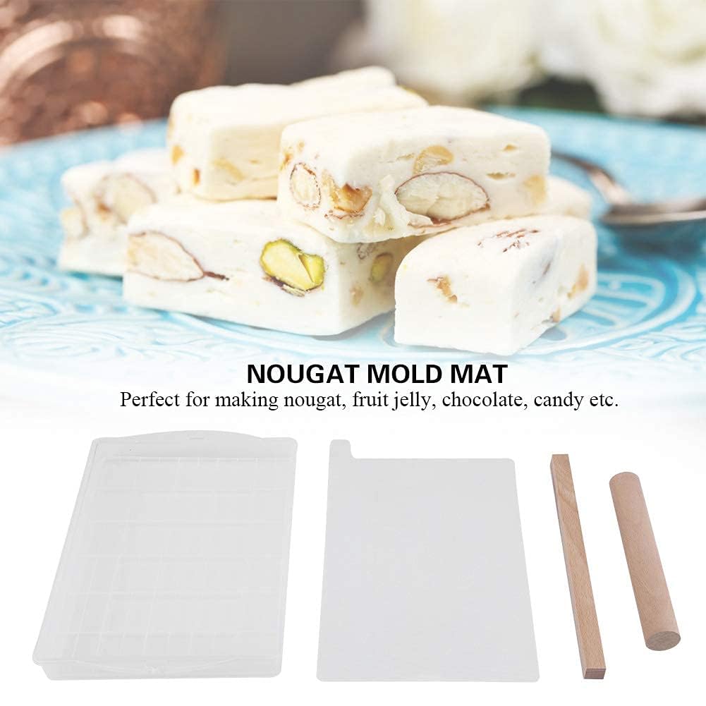 Nougat Mold, Silicone Mat Wooden Rolling Pin Cutting Rolling Pin Baking Candy Tools for DIY Chocolate Candy
