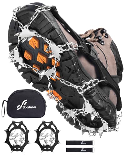 Sportneer Crampons： Ice Cleats for Shoes and Boots with 28 Spikes - Traction Slip-on Stretch Footwear for Walking and Shoveling on Ice and Snow - Lightweight for Women and Men
