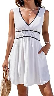 GIVTULIP Women's Summer Knee-Length Casual Dresses Sleeveless Tank Dress Elastic Dress Short Beach Dress Women Elegant Holiday V-Neck Summer Dress Lightweight Casual Light and Airy Blouse Dress