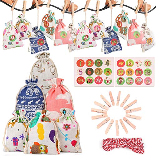 Adkwse Adventskalender zum Befüllen - 24 Stoffbeutel Weihnachten Geschenksäckchen, 1-24 Adventszahlen Aufkleber, Basteln Füllung für Kinder, Dekorativ Weihnachtskalender Bastelset