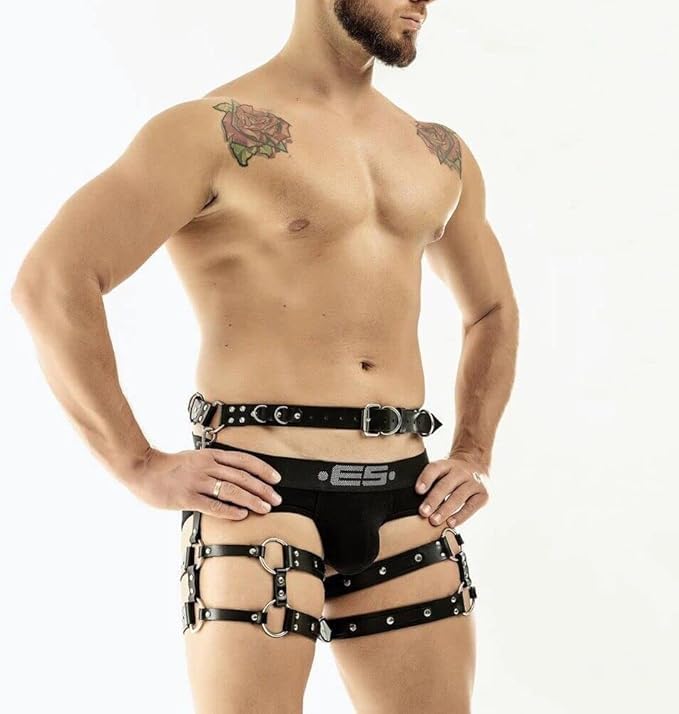 Furealux Men's PU Leather Caged Thigh Holster Goth Punk Suspenders Cage Leg Garter Men PU Leather Body Belt Restraints (Adjustable XL-XXXL)