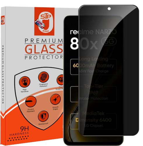 Image of STP FEEL Premium Grade Privacy Tempered Glass Screen Protector Guard Compatible For Realme Narzo 80X 5G (6.72 Inch, Pack of 1) Full Edge to Edge Coverage Anti-Spy /Anti-Peeping 9H Hardness