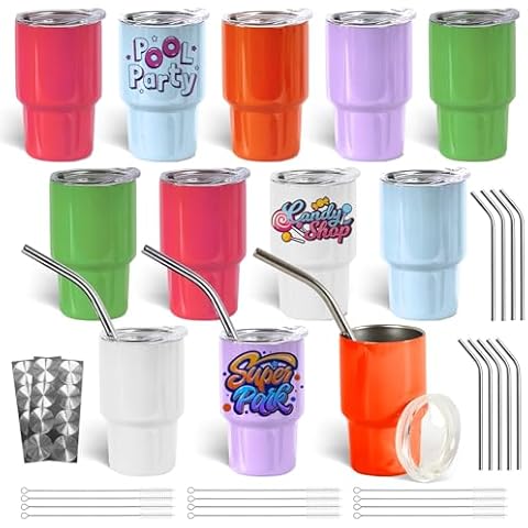 ColorSub 3 oz Sublimation Shot Glasses Wine Tumblers, Stainless Steel Double Wall Mini Insulated Sublimation Mix Color Cups Set with Lid, Metal Straw, Brush 12 Pack Cover