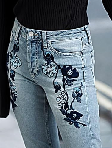 Flamingals Straight Leg Mid Rise Casual Cropped Jeans Wash Floral Embroidery Denim Jeans4