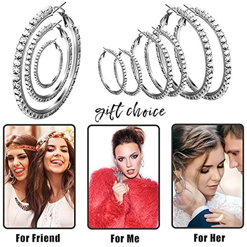 Kigeli 5 Pairs Large Crystal Hoop Earrings Set Big Shiny 3-7 cm Round Party Lightweight Rhinestone Sparkly Hoop for Women Jewelry Party Gift Wedding Date4