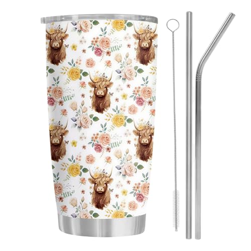 Highland Cow Gifts for Women, Travel Mug, Stainless Steel Insulated Highland Cow Hot Water Bottle, Leakproof Thermal Tumbler with Straw and Lid for Scottish Cattle Lovers, Birthday Christmas Gifts