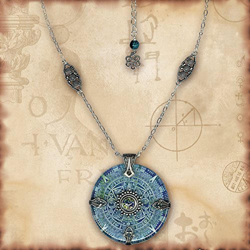 Teal Aztec Mayan Calendar Necklace - Reversible Glass Art - Symbolz - The Ancient Mysteries Collection - Teal Aztec Sun Stone