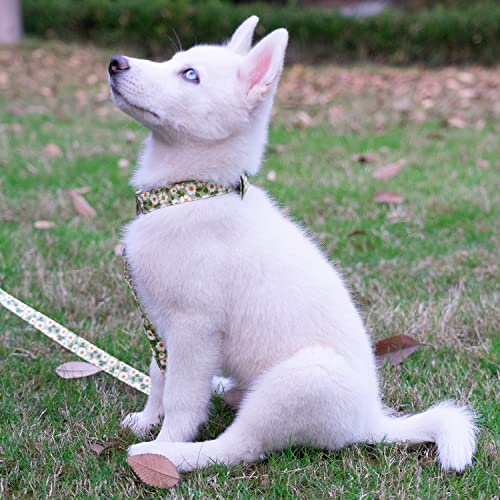 Image of Tunkoo Dog Collar Floral with Elegant Bow Tie Soft Comfy Cotton Adjustable Collar, Premium Metal Buckle for Puppy and Cat Small Medium Large（Green flowers，S）