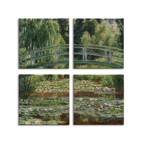 4枚 クロード・モネ『睡蓮の池と日本の橋』高精彩工芸画+手彩 風景画 印象派 印象主義 ジヴェルニー モネの庭 すいれん フランス絵画 ジャポニズム 西洋画 世界の名画 版画 木枠付きの完成品 (A,30*30cm*4枚(12x12in*4pcs))