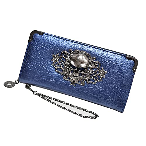 Skull Wallets for Women Zipper Wallet Shiny Faux Leather Clutch Handbags Chian Wristlets Bag Card Pockets Long Cion Purse-Rose red