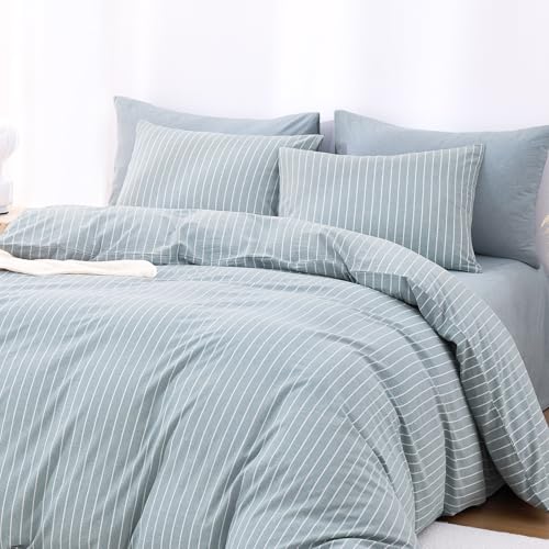 Image of Wake In Cloud - Striped Cotton Duvet Cover Set, Ticking Stripe Vertical Pinstripe Farmhouse, 100% Washed Cotton Textured Bedding Set, 3 Pieces, Blue, Twin /Twin XL Size