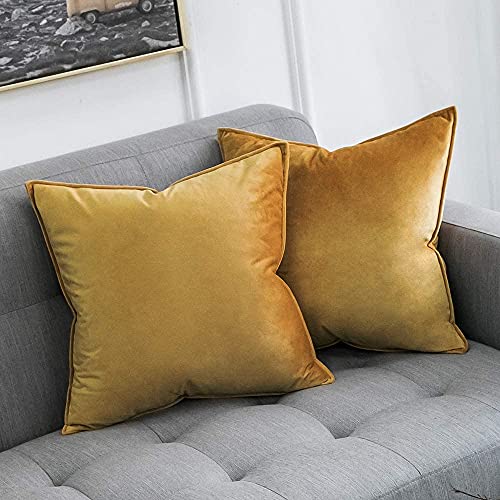 Khooti Decorative Velvet Square Cushion Cover Throw Pillow Cover for Living Room Couch Diwan Single Seater Sofa, Colourful Modern Small 30 x 30 Inches / 75 x 75 cm (Colour - Gold)(Set of 5 Pieces) C2