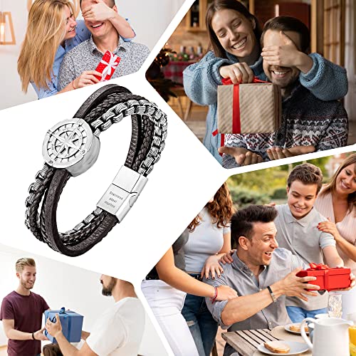 Image of Men's Bracelet Leather with Compass, Braided Leather Bracelets for Men Magnetic Clasp 7.5 /8.5 /9.5 inch Gift for Husband Boyfriend Father