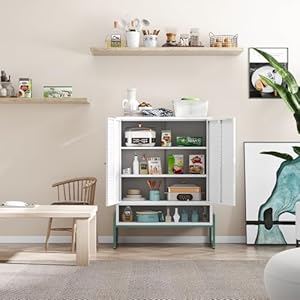 LEYNOT Metal Display Cabinet with Adjustable Feet Magnetic Door and 3-Tier Shelves–Versatile Storage for Kitchen Living Room Bathroom or Dining Room–Durable Space-Saving Design LEYNOT Metal Display Cabinet with Adjustable Feet Magnetic Door and 3 Tier ShelvesVersatile Storage for Kitchen Living Room Bathroom or Dining RoomDurable Space Saving Design