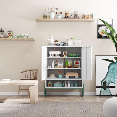 LEYNOT-Metal-Display-Cabinet-with-Adjustable-Feet-Magnetic-Door-and-3-Tier-ShelvesVersatile-Storage-for-Kitchen-Living-Room-Bathroom-or-Dining-RoomDurable-Space-Saving-Design LEYNOT Metal Display Cabinet with Adjustable Feet Magnetic Door and 3 Tier ShelvesVersatile Storage for Kitchen Living Room Bathroom or Dining RoomDurable Space Saving Design