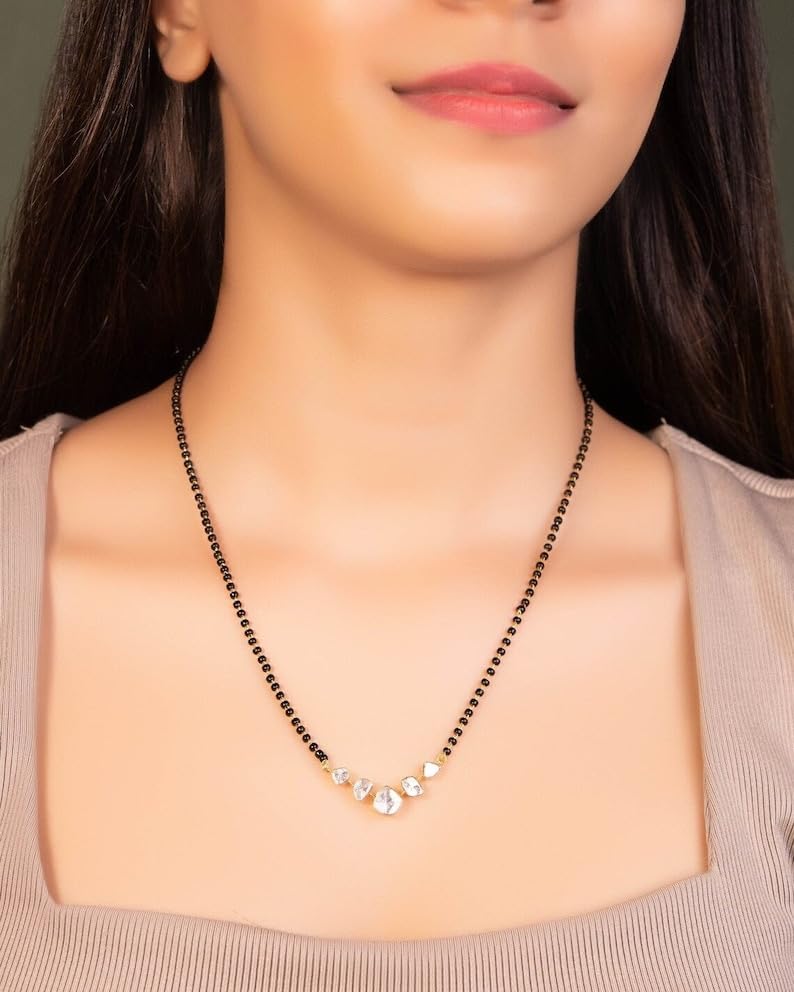 925 Sterling Silver Wedding Bollywood Designer Natural Polki Diamond Forever Mangalsutra Necklace with Single Black Beads Line 16 Inch Chain Rose Cut Designer Casual occasions Wedding Anniversary Promise for Women2