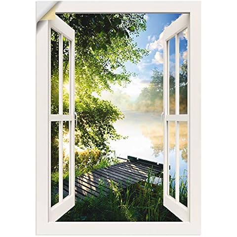 ARTland Wandbild selbstklebend Vinylfolie 70x100 cm Fensterblick Fenster Landschaft Wald Natur See Angelsteg Sonne Frühling T1JK Cover