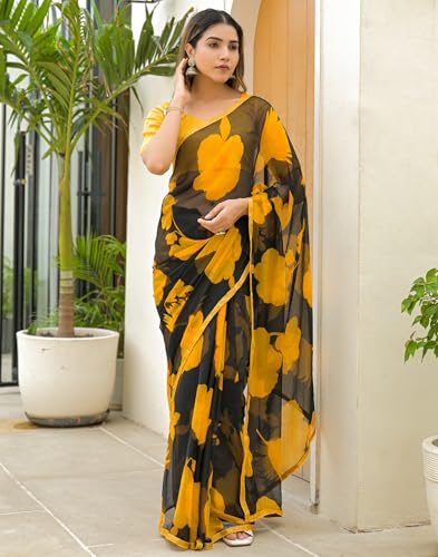 Image of SIRIL Women's Chiffon Printed Saree with Unstitched Blouse Piece