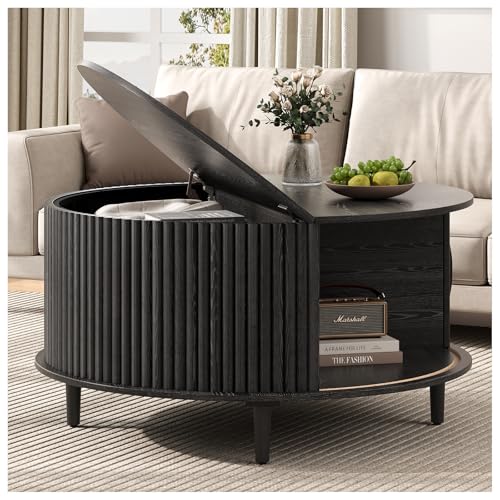 SULIVES Black Round Coffee Table with Storage 31.5 Wood Drum Table Fluted Circle Center Table for Living Room Modern Mid Century Furniture with Sliding Door