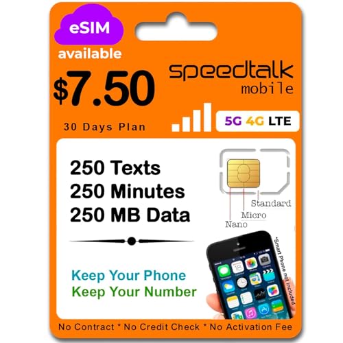 Image of SpeedTalk Mobile SIM Card Kit for Smart Phones & Cellphones | $7.50 Monthly Plan - 250 Texts (SMS) + 250 Minutes (Talk) + 250 MB 5G 4G LTE Data | 3-in-1 Standard Micro Nano size | 30 Days USA Coverage