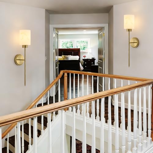 Image of Gold Wall Sconces Set of 2 with Marble Glass Shade, Modern Bathroom Vanity Light Fixtures for Bedroom, Hallway, Entryway, Living Room